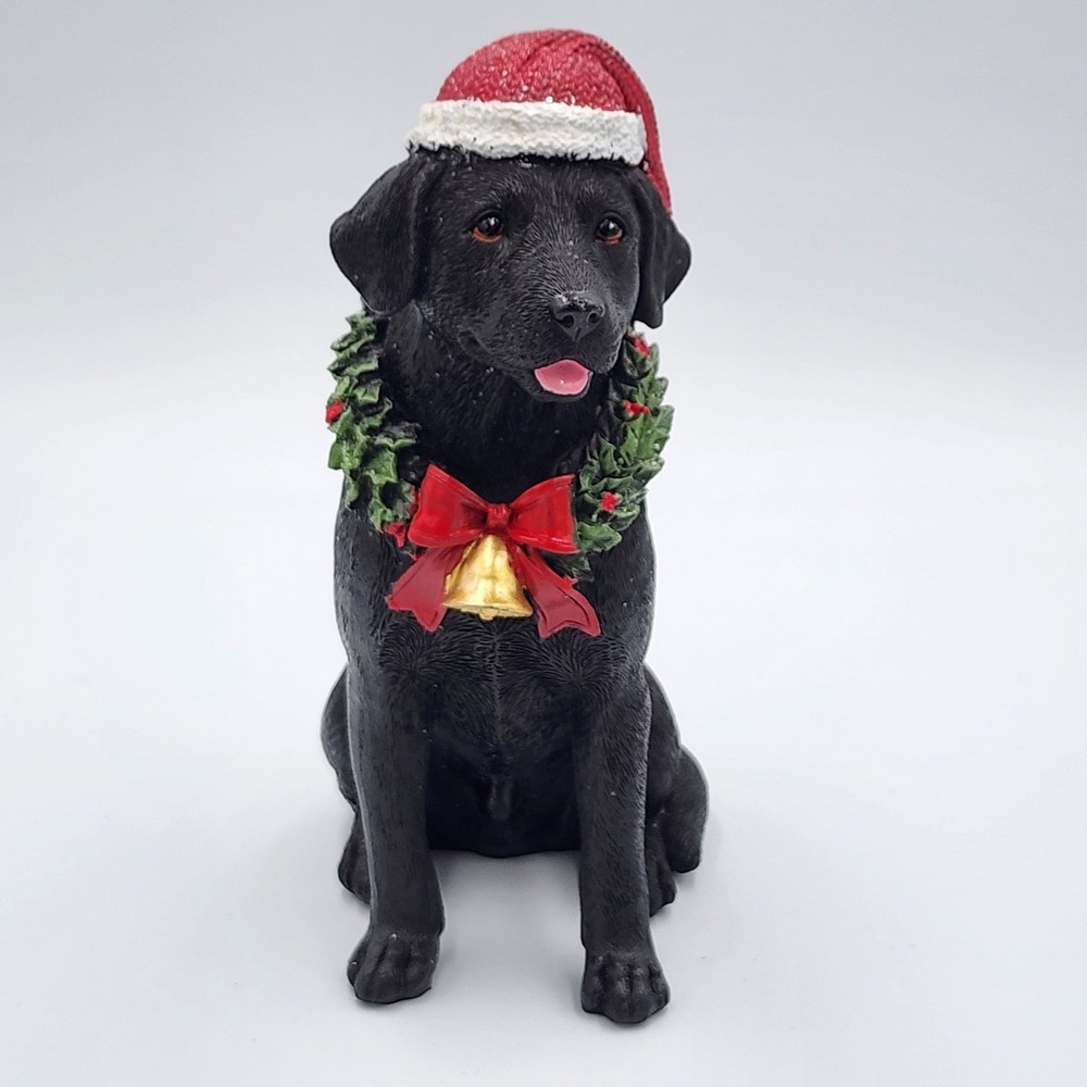 Black Labrador Christmas Figurine Resin Dog Santa Hat Wreath Holiday Decor 8.5"